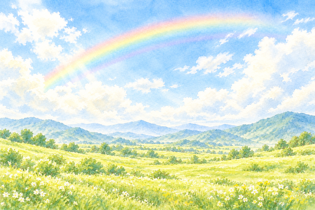 雨上がりの空にかかる虹と野原のイラスト