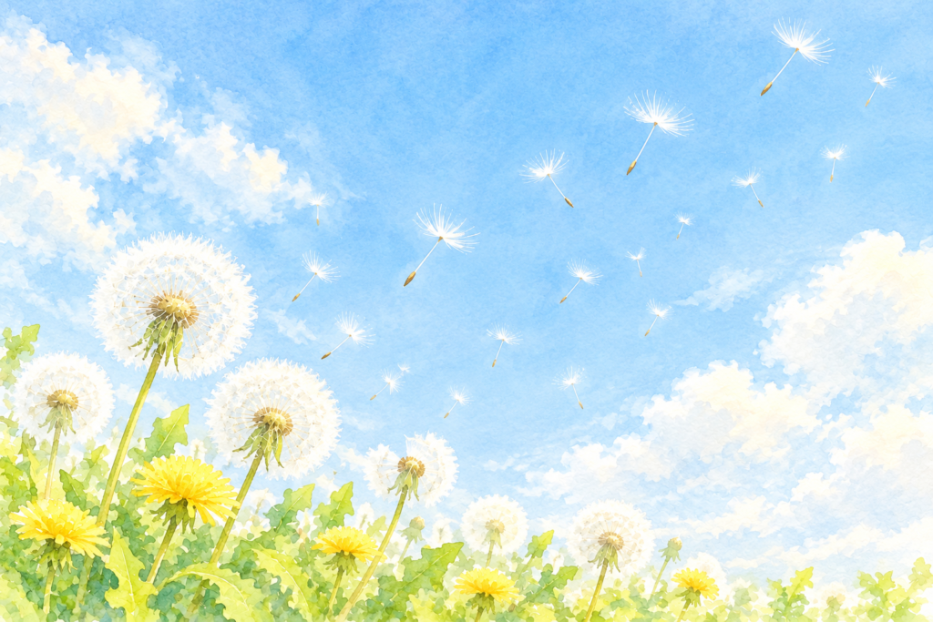 青空へ舞い上がるたんぽぽの綿毛のイラスト
